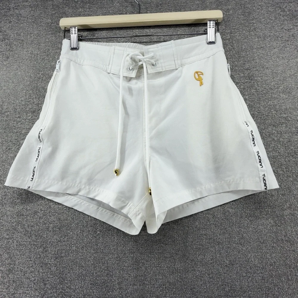 Tucann Swim Trunks Shorts Men Size S White Lined Summer Beach Drawstring